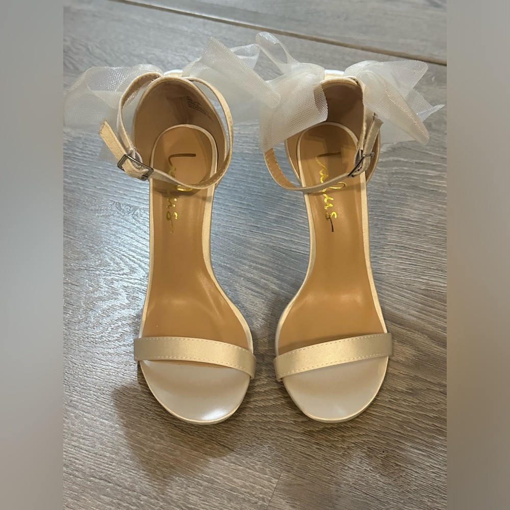 NEW Lulu's Ayanna Ivory Satin Bow Ankle Strap High Heel Sandals